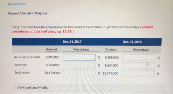 View Policies Current Attempt in Progress Using these data from the comparative balance sheet of Carla Vista Co., perform ver