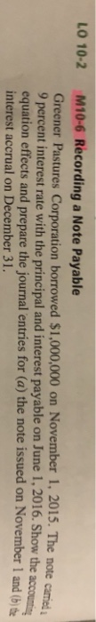 LO 10-2 M10-6 Recording a Note Payable Greener Pastures Corporation borrowed $1,000,000 on November 1, 2015. The note carried