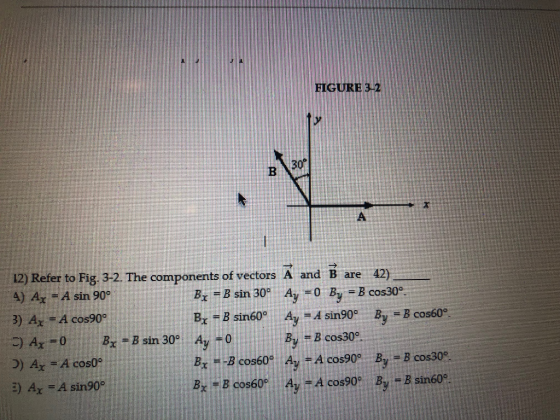 30 to Fig 3-2 The components of vectors A and B are 42) 4) Ax -A sin 90° 3) A -Acos90° B -B sin60° Ay- A sin90° By B cos60 By B cos30 o) Ar -A co A cos90 By cos60