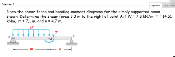 Question 6 10 points Save Answer Draw the shear-force and bending-moment diagrams for the simply supported beam shown. Determ