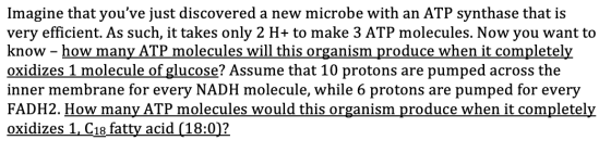 Imagine that youve just discovered a new microbe with an ATP synthase that is very efficient. As such, it takes only 2 H+ to