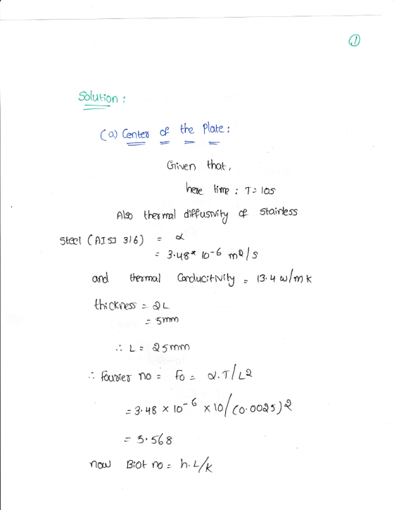 Solution: Ca) Centers cf the Plote Given that, imp : T- los Alo thermal diPusvty Stairess Steel CA153 316)c thickness QL TDM