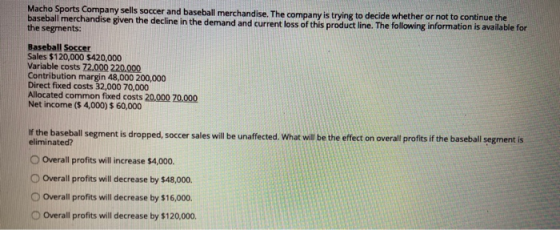 Macho Sports Company sells soccer and baseball merchandise. The company is trying to decide whether or not to continue the ba