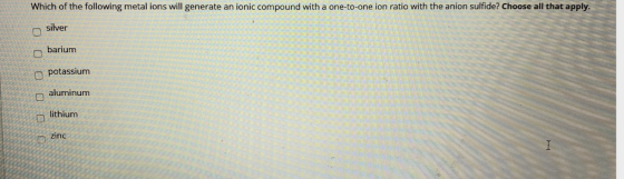 Which of the following metal ions will generate an ionic compound with a one-to-one ion ratio with the anion sulfide? Choose