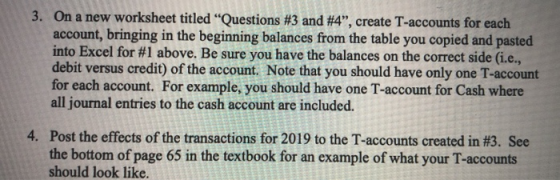 3. On a new worksheet titled Questions #3 and #4”, create T-accounts for each account, bringing in the beginning balances fr