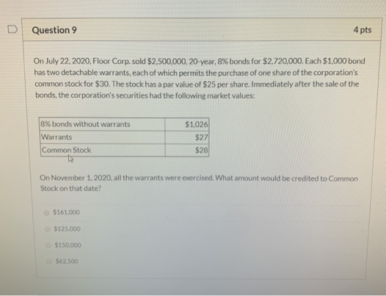 Question 9 4 pts On July 22, 2020, Floor Corp. sold $2,500,000, 20-year, 8% bonds for $2.720,000. Each $1,000 bond has two de