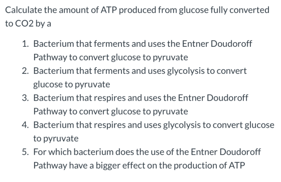 Calculate the amount of ATP produced from glucose fully converted to CO2 by a 1. Bacterium that ferments and uses the Entner
