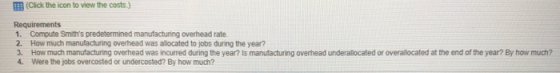 (Click the icon to view the costs.) Requirements 1. Compute Smiths predetermined manufacturing overhead rate 2. How much man