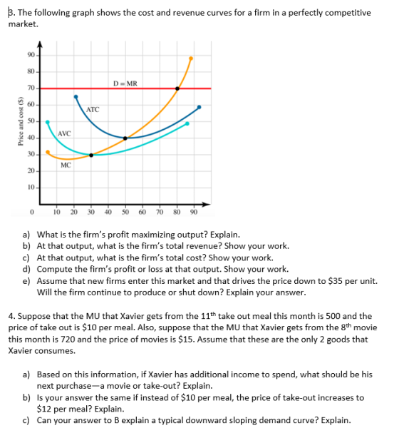 B. The following graph shows the cost and revenue curves for a firm in a perfectly competitive market. 90 80 DEMR 70 60 ATC P