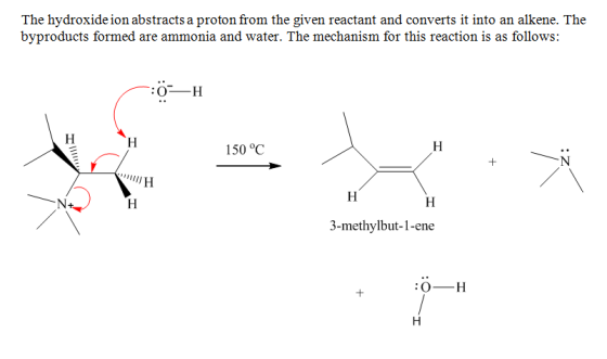 The hydroxide ion abstracts a proton from the given reactant and converts it into an alkene. The byproducts formed are ammoni