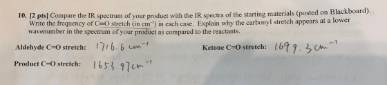 10. 12 pts. Compare the IR spectrum of your product with the IR spectra of the starting materials (posted on black Write the
