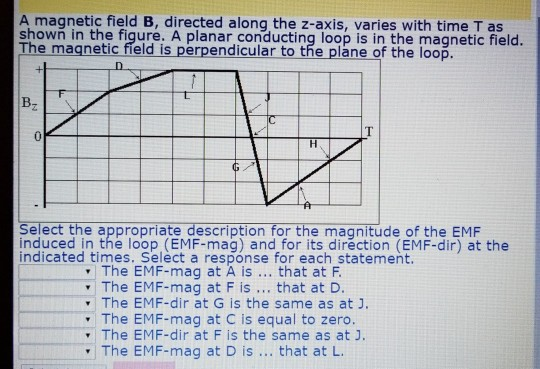 A magnetic field B, directed along the z-axis, varies with time T as shown in the figure. A planar conducting loop is in the magnetic field The maqnetic field is perpendicular to the plane of the loop. B- 0 Select the appropriate description for the magnitude of the EMF induced in the loop (EMF-mag) and for its direction (EMF-dir) at the indicated times. Select a response for each statement. The EMF-mag at A is. that at F The EMF-mag at F is that at D. The EMF-dir at G is the same as at J. The EMF-mag at C is equal to zero. The EMF-dir at F is the same as at J The EMF-mag at D is... that at L