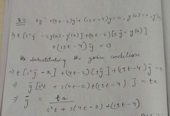 = + [sey -sylo)-9 (0)] +(4t-2) [s ý - 4 (0)] by +4 +- 2) y + (13 + 4)y=0, y 1070 , j6) 32 =o the guin condition +(13t - 4)