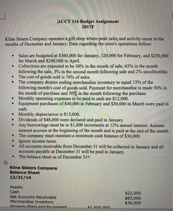 ACCT 116 Budget Assignment 2017F Kline Sisters Company operates a gift shop where peak sales and activity occur in the months