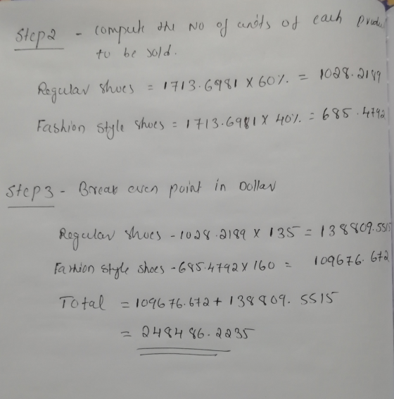 Stepa - compute the no of units of each produs to be sold. Regular shoes = 1713.6980 X 60%= 1028.2009! Fashion style shoes =