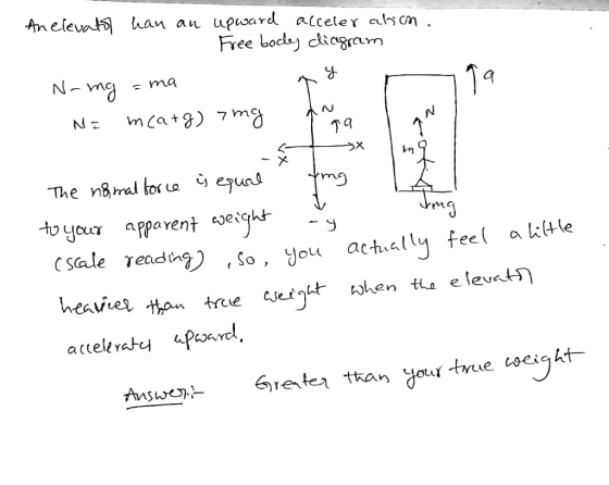 An elevator han an upward acceleration. Free bodley ciagram N-mg = ma N= mcarg) 7 mg Anga tog ng The nomal force is equal to