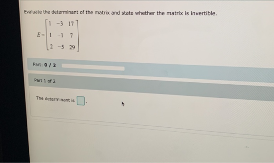 Evaluate the determinant of the matrix and state whether the matrix is invertible. 1 -3 17 E=1-17 2 -5 29 Part: 0/2 Part 1 of