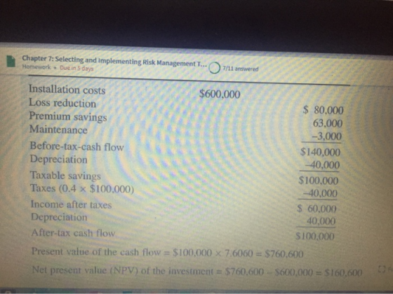 Chapter 7: Selecting and implementing Risk Management Homework . Due in 5 days $100,000 Installation costs $600,000 Loss redu