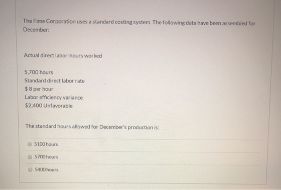 The Fime Corporation uses a standard costing system. The following data have been assembled for December: Actual direct labor