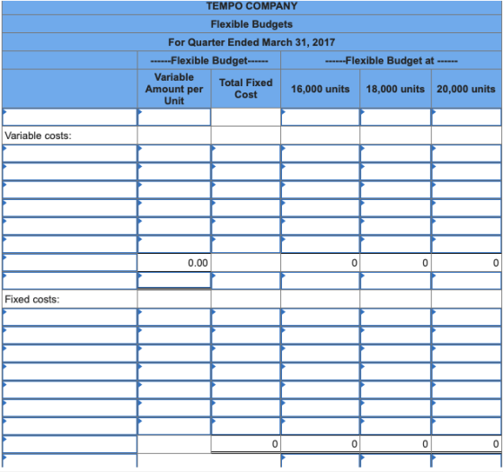 TEMPO COMPANY Flexible Budgets For Quarter Ended March 31, 2017 ---Flexible Budget-... ----Flexible Budget at ---- Variable T