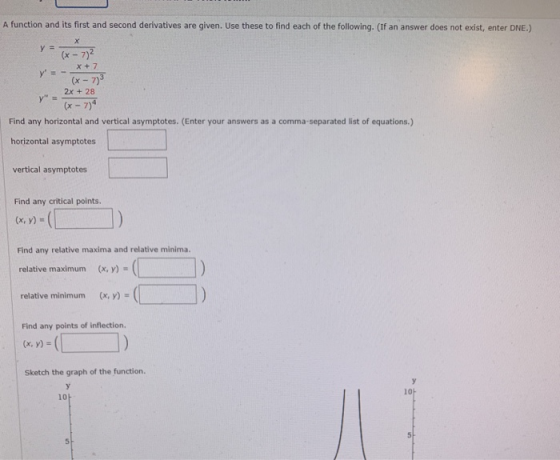A function and its first and second derivatives are given. Use these to find each of the following. (If an answer does not ex