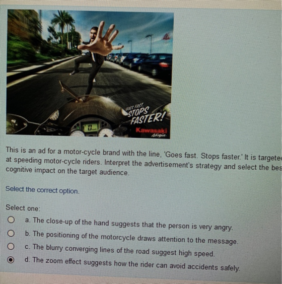 ARRAST STOP FASTER. This is an ad for a motor-cycle brand with the line, Goes fast. Stops faster. It is targeted at speedin