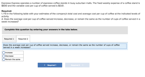 Espresso Express operates a number of espresso coffee stands in busy suburban malls. The fixed weekly expense of a coffee stand is $600 and the variable cost per cup of coffee served is $0.61 Required 1. Fill in the following table with your estimates of the companys total cost and average cost per cup of coffee at the indicated levels of activity. 2. Does the average cost per cup of coffee served increase, decrease, or remain the same as the number of cups of coffee served in a week increases? Complete this question by entering your answers in the tabs below. Required 1 Required 2 Does the average cost per cup of coffee served increase, decrease, or remain the same as the number of cups of coffee served in a week increases? ncrease Decrease ORemain the same Required 1 Required 2