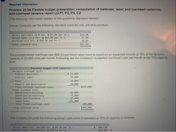 Required information Problem 21-3A Flexible budget preparation; computation of materials, labor, and overhead variances; and