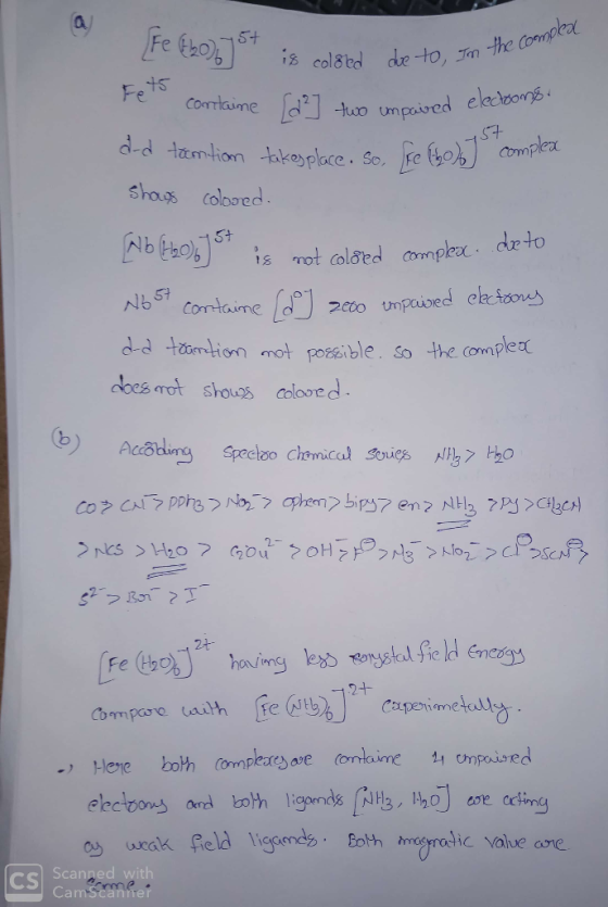 e to, In the complex elections I two impaired Fe (20) st is colated due to, In the Fe to containe (d] two impaired e d-d toca