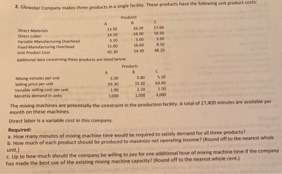 2. Glowster Company makes three products in a single facility. These products have the following unit product costs: Products