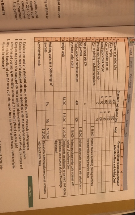 Home Insert A Page Layout B С D G H Cause-and-Effect Relationship Between Allocation Base and Activity Cost Total Standard Jo