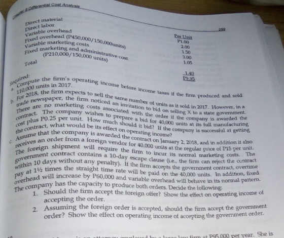 wferential Cost Analysis Car & Ritter Direct material Direct labor 259 Tariable overhead Fixed overhead (P45 a (P450,000/150,