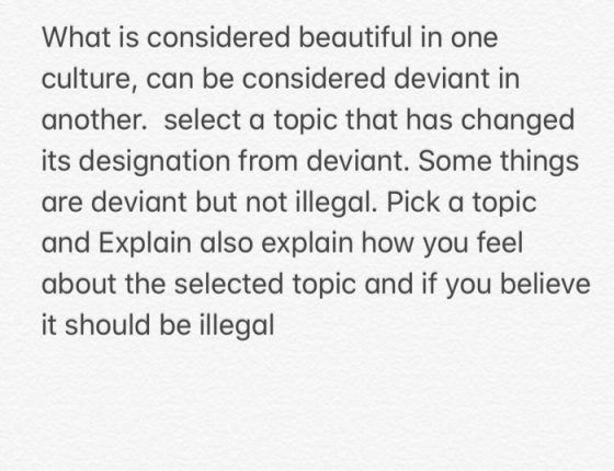 What is considered beautiful in one culture, can be considered deviant in another. select a topic that has changed its design