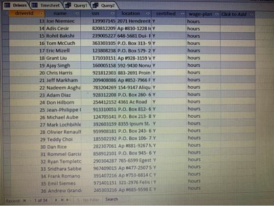 Drivers driverid Timesheet Query1 Vi Query2 name ssn c location certified 13 Joe Niemiec 139907145 2071 Hendrerit Y 14 Adis C