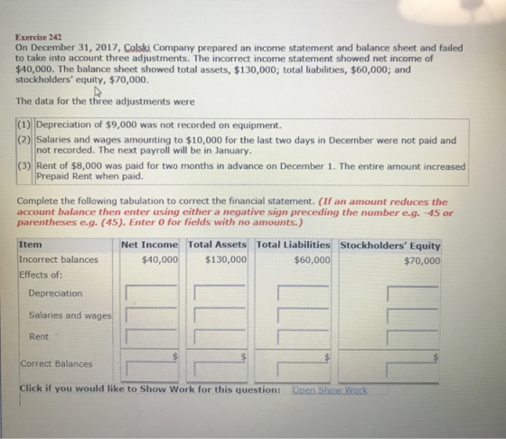 Exercise 242 On December 31, 2017, Colski Company prepared an income statement and balance sheet and failed to take into acco