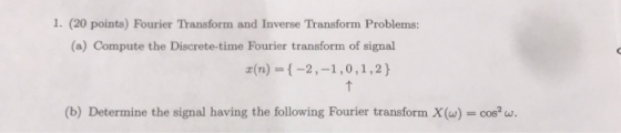 1. (20 points) Fourier Transform and Inverse Transform Problems: (a) Compute the Discrete-time Fourier transform of signal (b