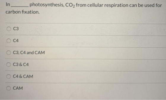 In photosynthesis, CO2 from cellular respiration can be used for carbon fixation. O C3 o c4 C3, C4 and CAM C3 & C4 O C4& CAM