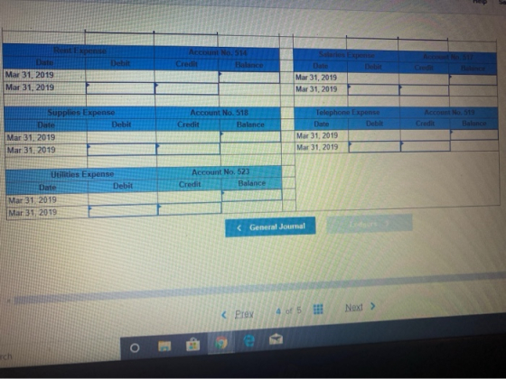 Rent Expense Account No. 514 Salaries Expense Account No. 517 Credit Date Debit Credit Balance Date Debit Balance Mar 31, 201