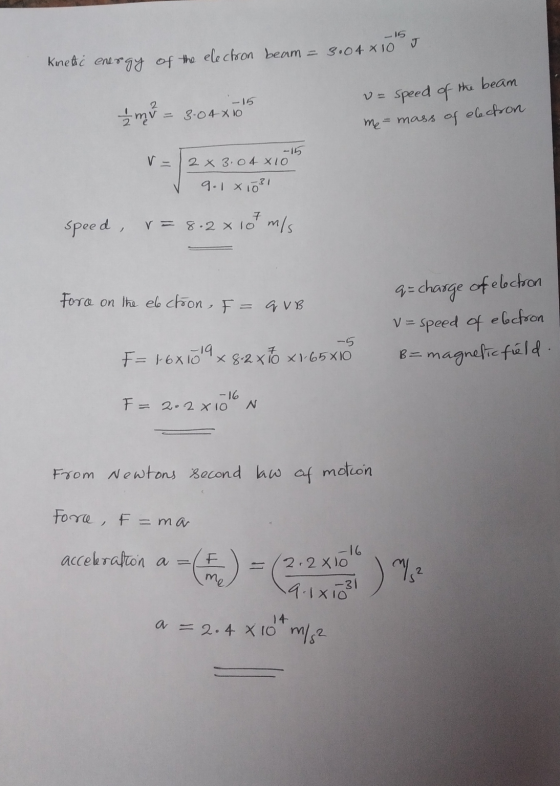 15 Kinetic energy of the electron beam = 3.04 x 10 - 15 mv = 3:04x50 u = speed of the beam me = mass of elechon 2 x 3.04 X10