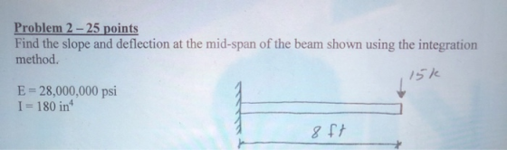 Problem 2-25 points Find the slope and deflection at the mid-span of the beam shown using the integration method. 15k E = 28,