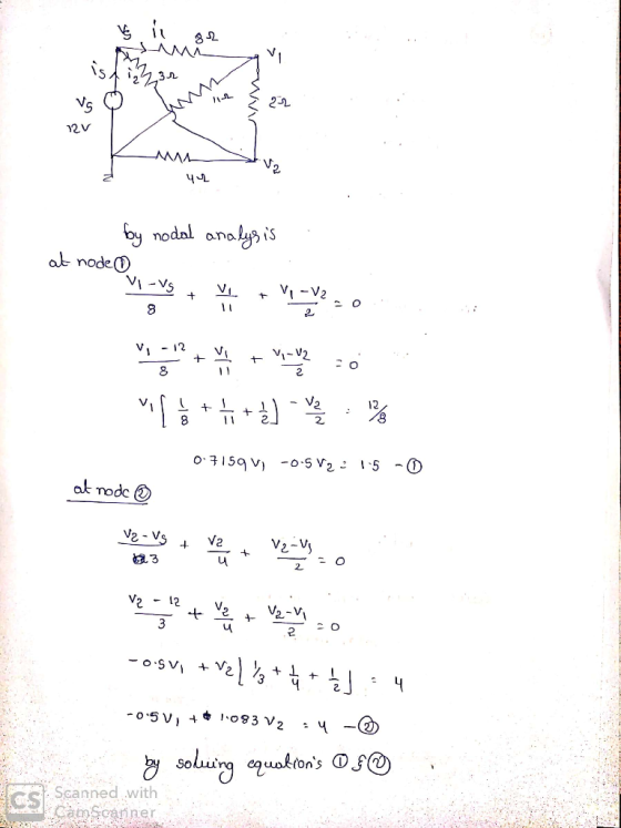 Vs V 12232 22 12V M 42 foy nodal analysis at node VI-vs V 11 V-V2 + + 8 V-12 + + -v2 8 11 - vil Se ++ . - uz + 0.71590-0-5 V2