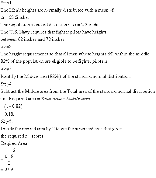 Step1 The Mens heights are normally distributed with a mean of 4-68.Sinches The population standard deviation is σ 2.2 inches The U.S. Navy requires that fighter pilots have heights between 62 inches and 78 inches Step2: The height requirements so that all men whose heights fall within the middle 82% of the population are eligible to be fighter pilots is Step3 Identify the Middle area (82%) of the standard normal distribution Step4 Subtract the Middle area from the Total area of the standard normal di stribution i.e., Required area -Total area - Middle area (1-082) 0.18 Step5 Divide the regired area by 2 to get the seperated area that gives the required z - scores Reqired Area 0.18 0.09