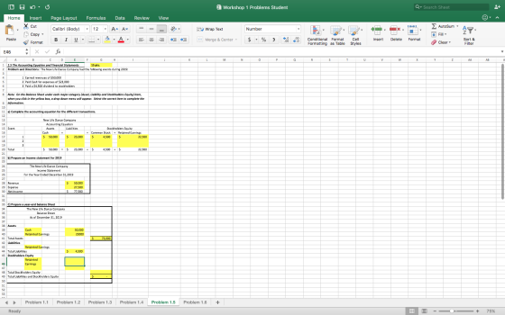 X Workshop 1 Problems Student Q. Search Sheet Page Layout Formulas Review View Home Insert Data X Cut 2 AutoSum Calibri (Body
