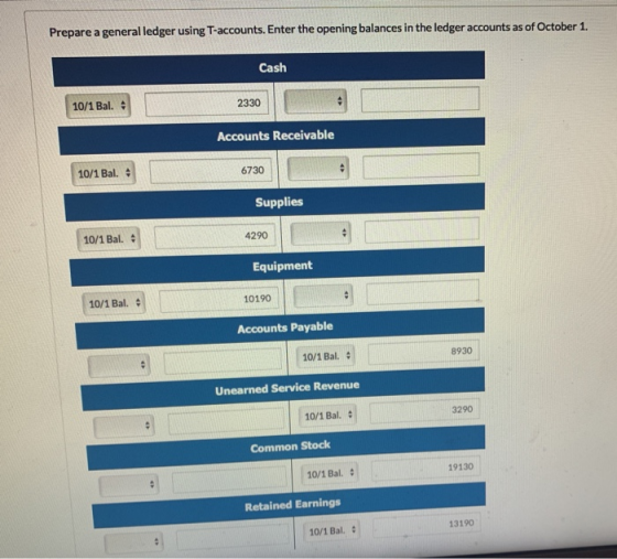 Prepare a general ledger using T-accounts. Enter the opening balances in the ledger accounts as of October 1. Cash 10/1 Bal.