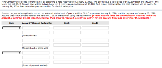 Flint Company sells goods to Danone Inc. by accepting a note receivable on January 2, 2020. The goods have a sales price of $