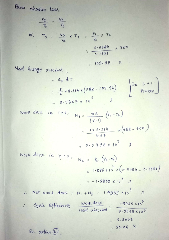 from charles law, V3. V2. Tq oy, Tz = N3 x T2 Tz V2 V2 0.0484 * 300 0.1321 109,92 K Heat Energy absorbed = Ep dT In 31 5 *8-3