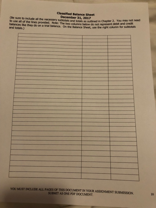 Classified Balance Sheet December 31, 2017 (Be sure to include all the necessary subtotals and totals as outlined in Chapter