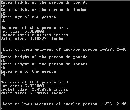 Enter height of the person in pounds 10 Enter weight of the person in inches 20 Enter age of the person 40 Measures of that p