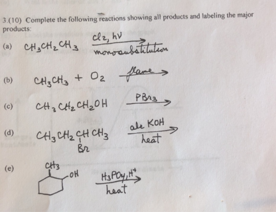 3.(10) Complete the following reactions showing all products and labeling the major products: cle, hv mongenbettateon (a) CHC