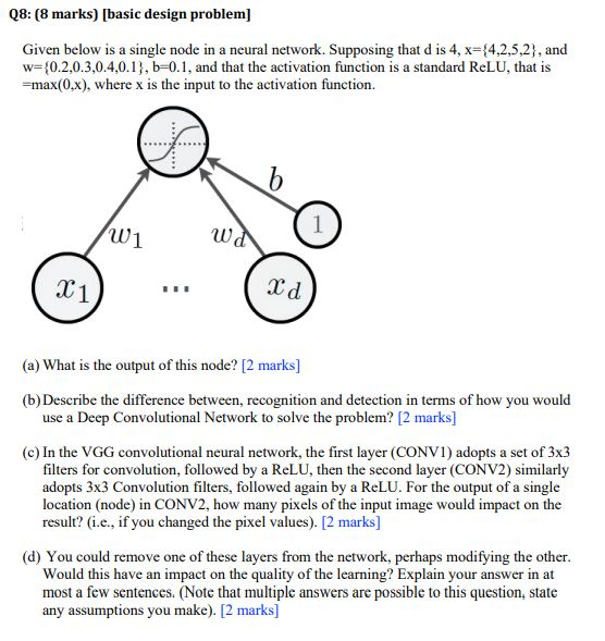 Q8: (8 marks) [basic design problem] Given below is a single node in a neural network. Supposing that d is 4, x={4,2,5,2), an